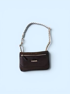 Compact Black Crossbody leather Bag with Checkered Strap, pretty pink inside